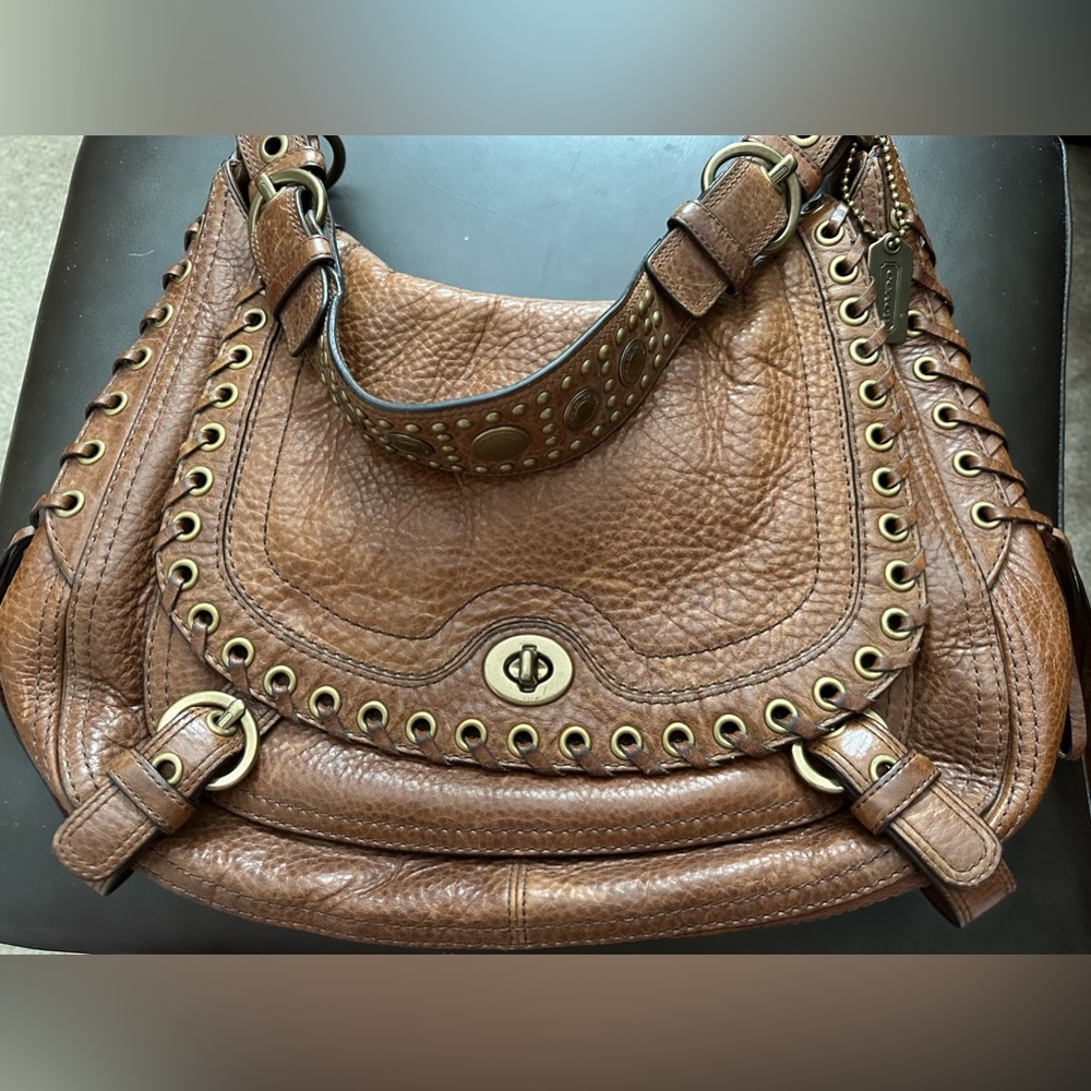 Vintage Coach Tobacco Abbey Lace Flap Pebbled Leather Satchel Hobo Style 10971